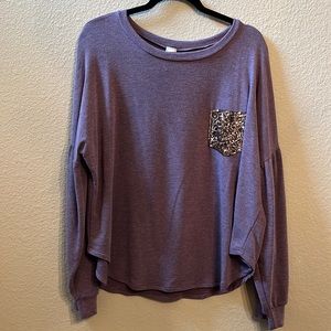 Heather Purple Long Sleeve Cropped Top with Bronze Sequin Pocket